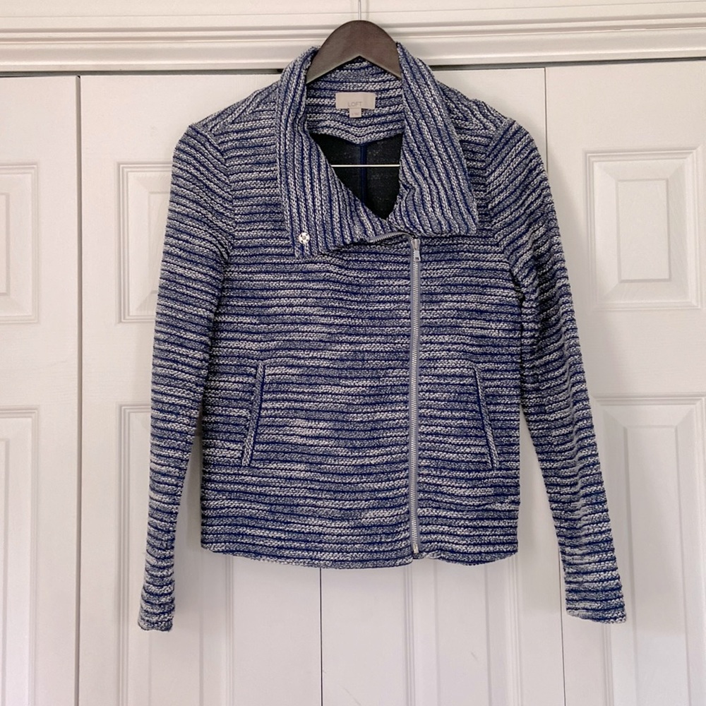 Loft Blue and gray striped knitted jacket